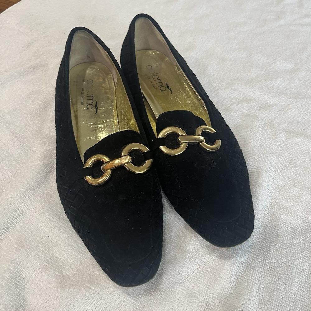 Paloma Italy Womens Black Suede Woven Loafers Gold Chain Link Flats Shoes 9.5N